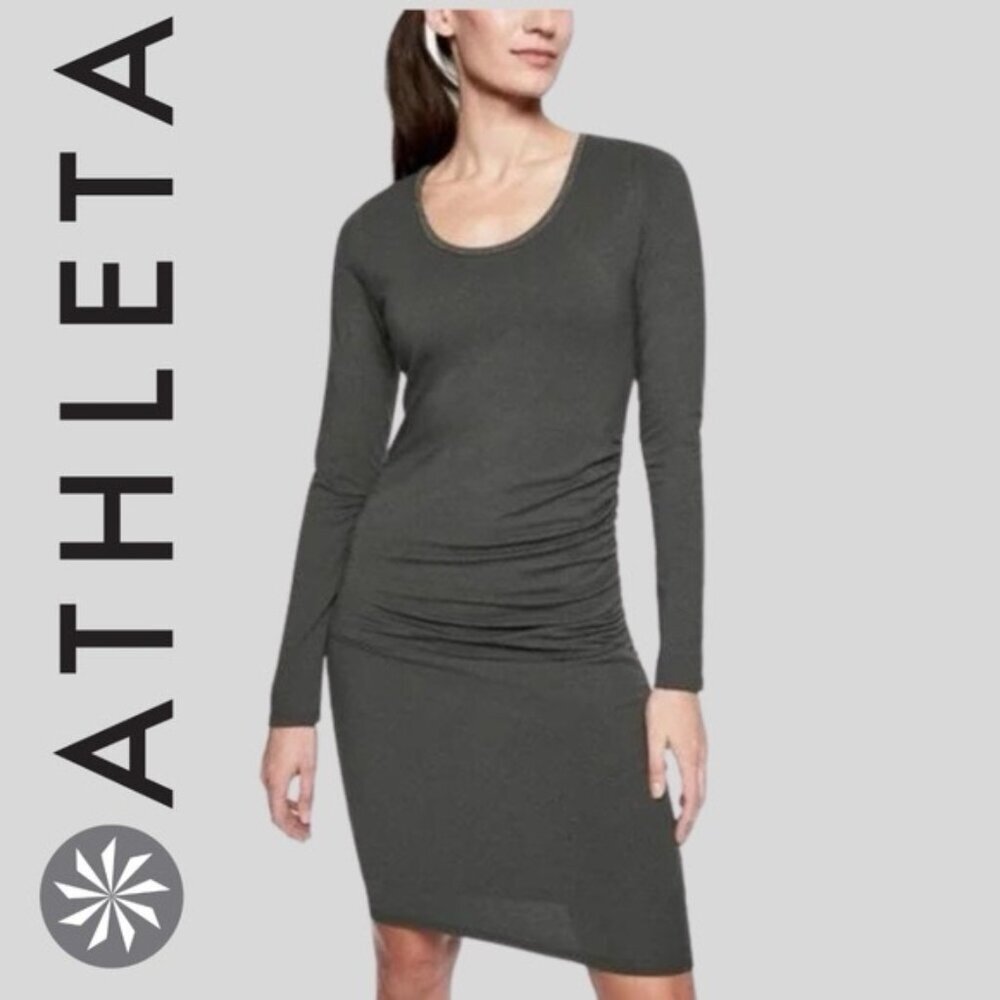 ATHLETA PIMA COTTON Blend Carefree Long Sleeve Ruched Side Sheath Dress SMALL